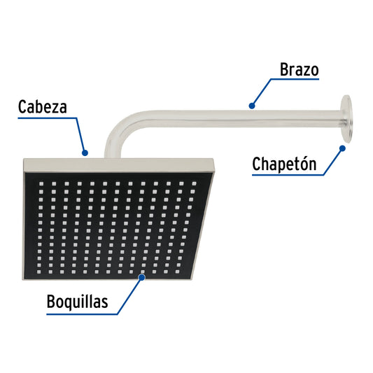 Regadera cuadrada ABS 8" acabado satín con brazo, Foset 46742