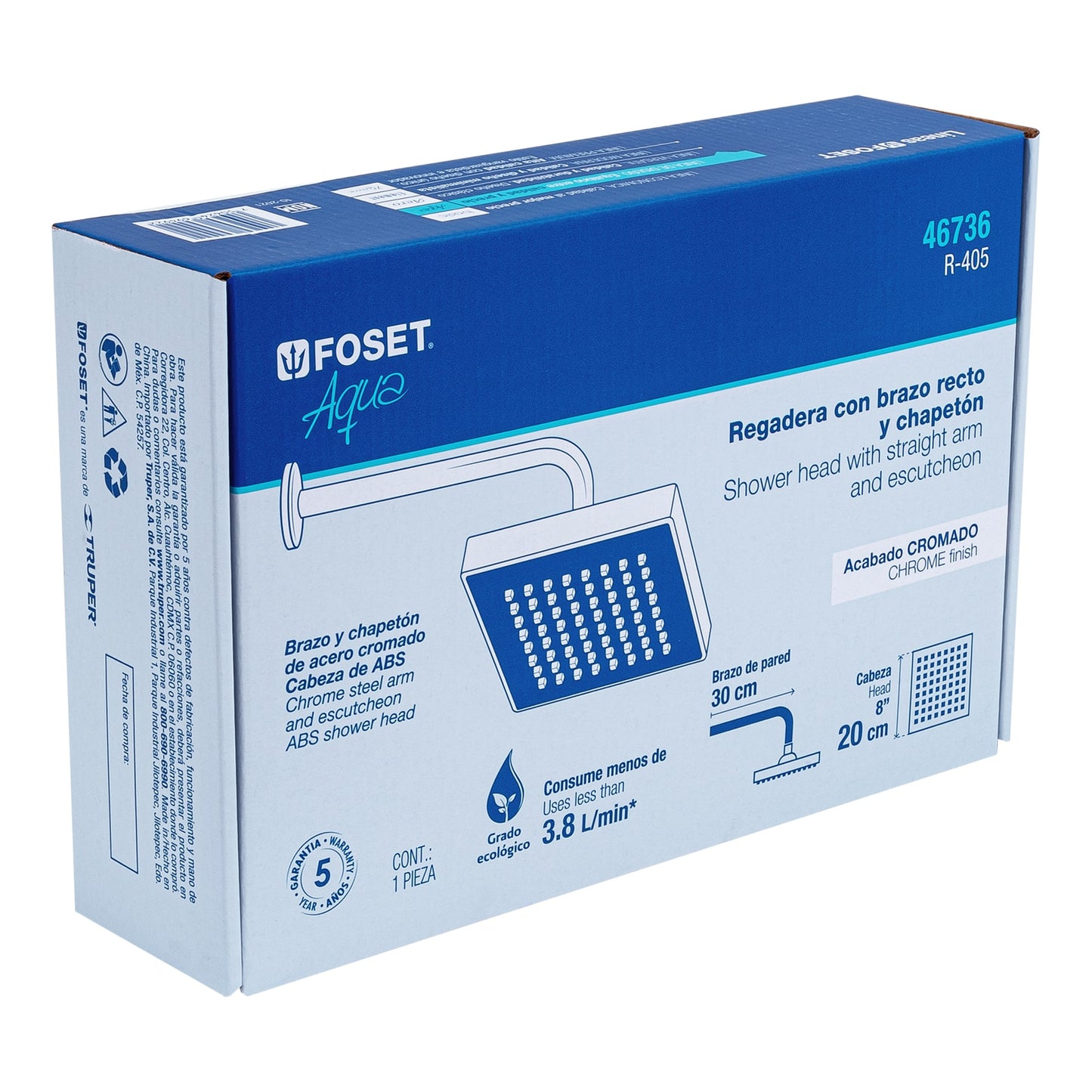 Regadera cuadrada ABS 8" acabado cromo con brazo, Foset 46736