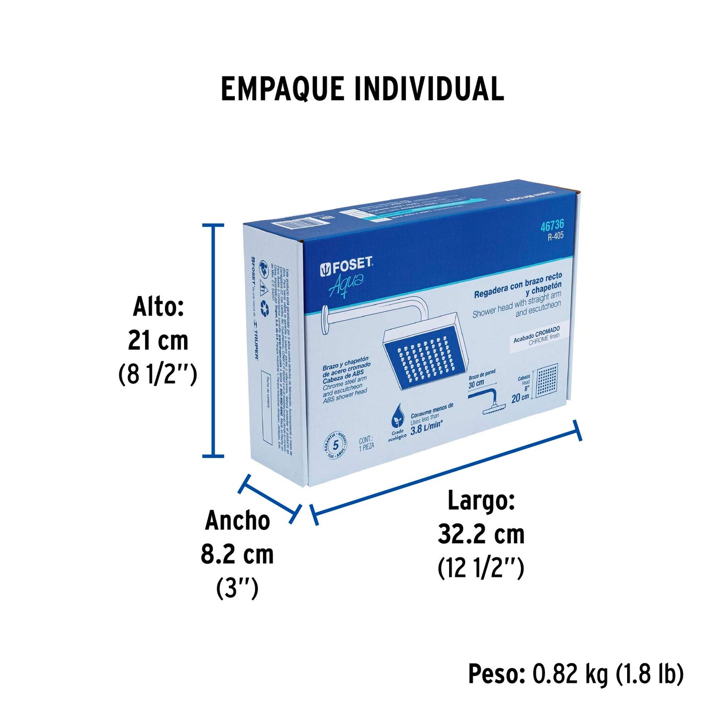 Regadera cuadrada ABS 8" acabado cromo con brazo, Foset 46736