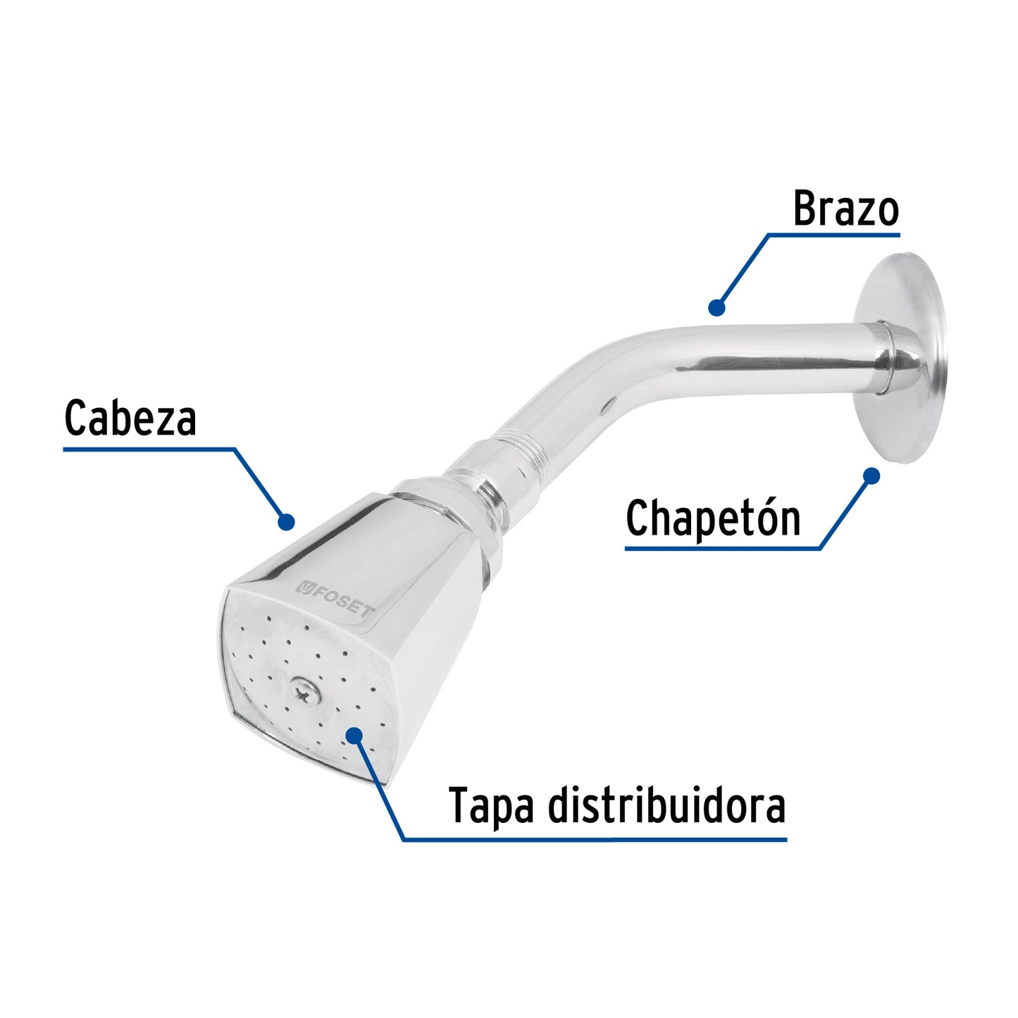 Regadera cuadrada 2" brazo y chapetón de acero, Foset 49248