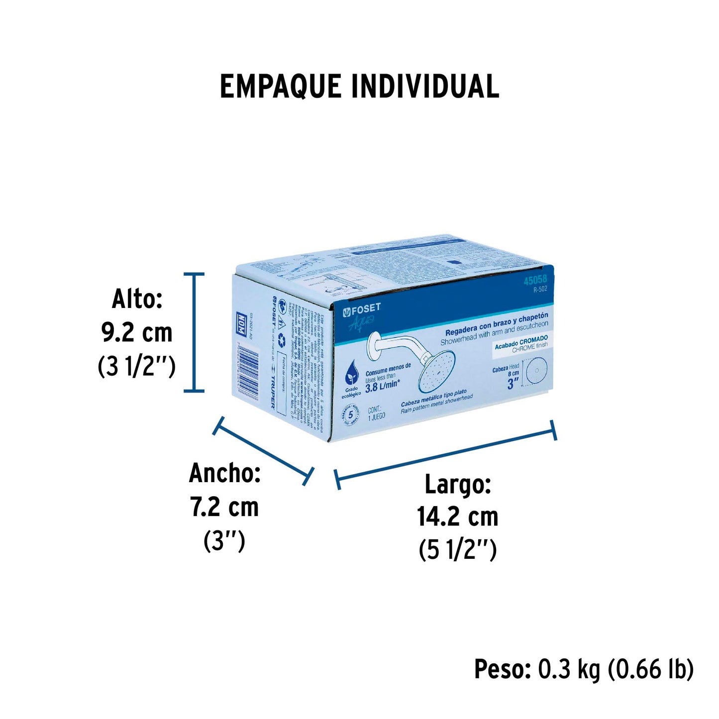 Regadera redonda 3" brazo y chapetón de acero, Foset 45058