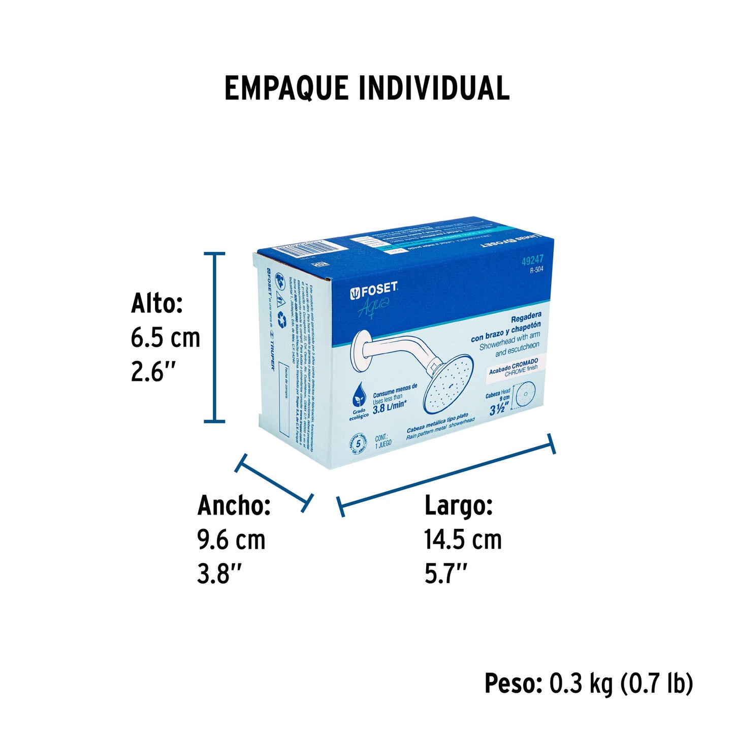 Regadera redonda 3-1/2" brazo y chapetón de acero, Foset 49247