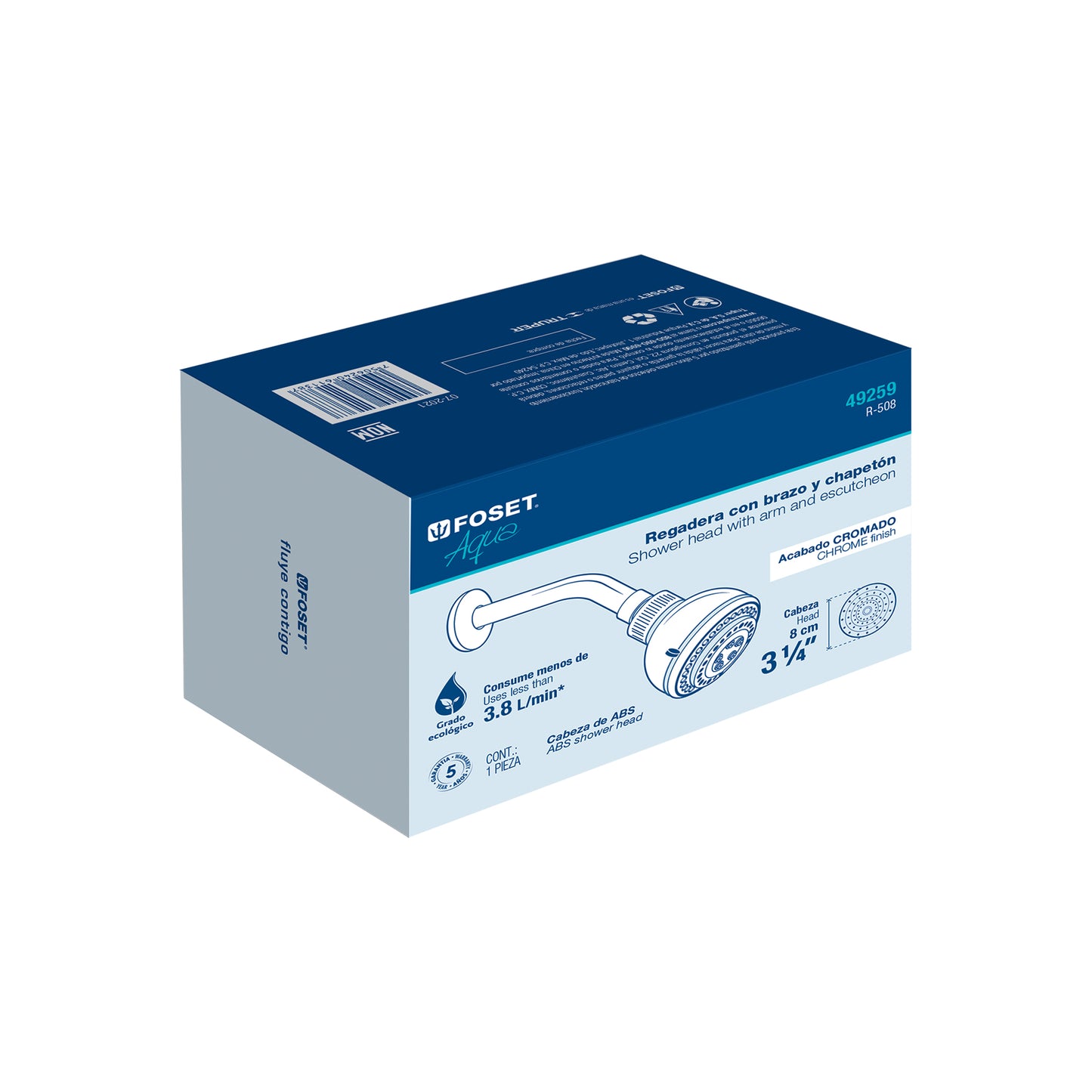 Regadera 3", 5 funciones brazo y chapetón de acero, Foset 49259