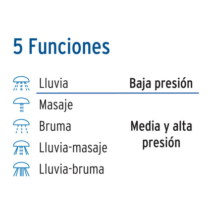 Regadera 3", 5 funciones brazo y chapetón de acero, Foset 49259