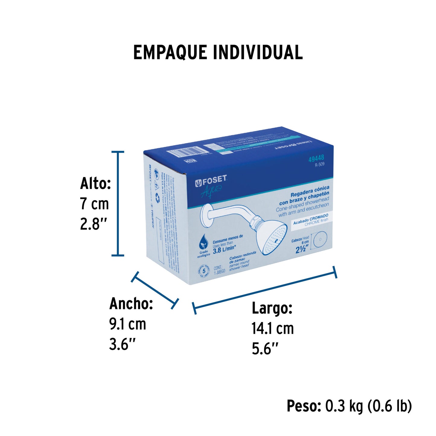 Regadera cónica 2-1/2" brazo y chapetón de acero, Foset 49448