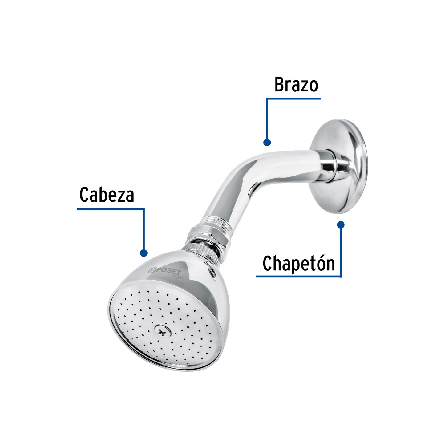 Regadera cónica 2-1/2" brazo y chapetón de acero, Foset 49448