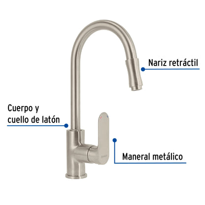 Monomando retráctil para fregadero, satín, FOSET RIVIERA 45183