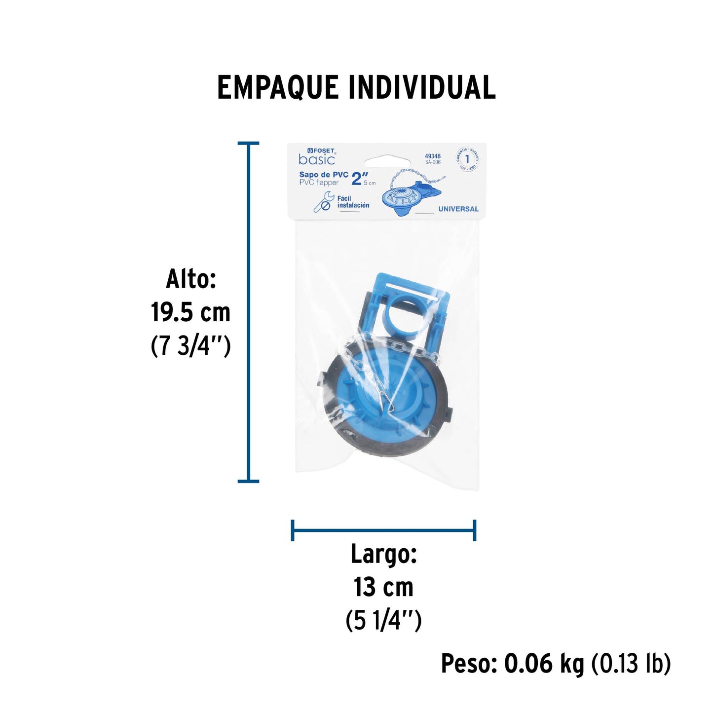 Sapo 2" para WC, PVC, azul, cadena plástica, FOSET 49346