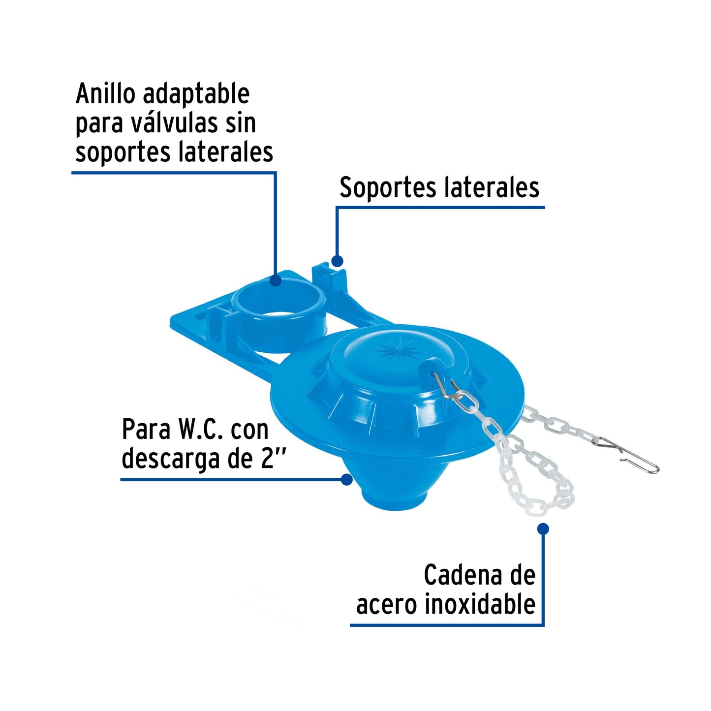 Sapo 2" para WC, PVC, azul, cadena plástica, FOSET 49346