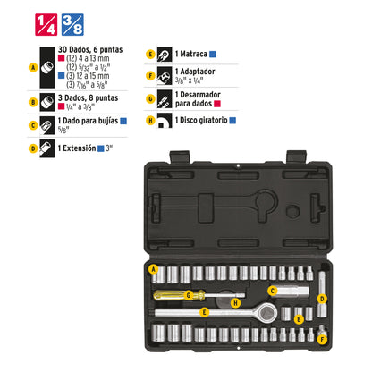 Juego de 39 herramientas 1/4" y 3/8" para mecánico, Pretul 24220