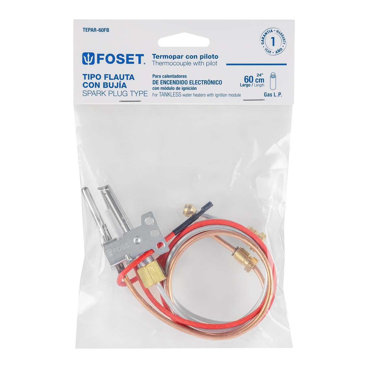 Termopar tipo flauta con bujía, 60 cm, Foset 46149