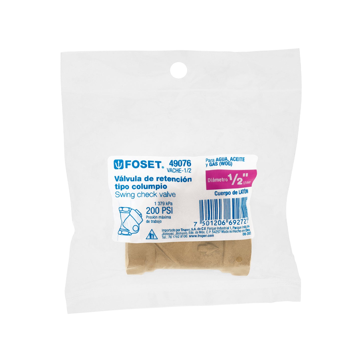 Válvula check de latón de 1/2", FOSET 49076