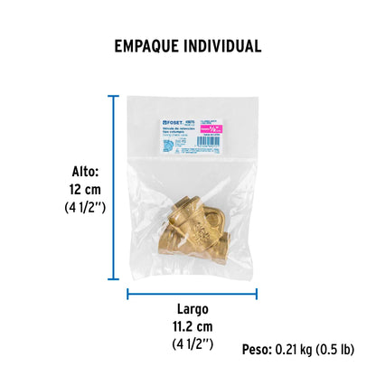 Válvula check de latón de 1/2", FOSET 49076