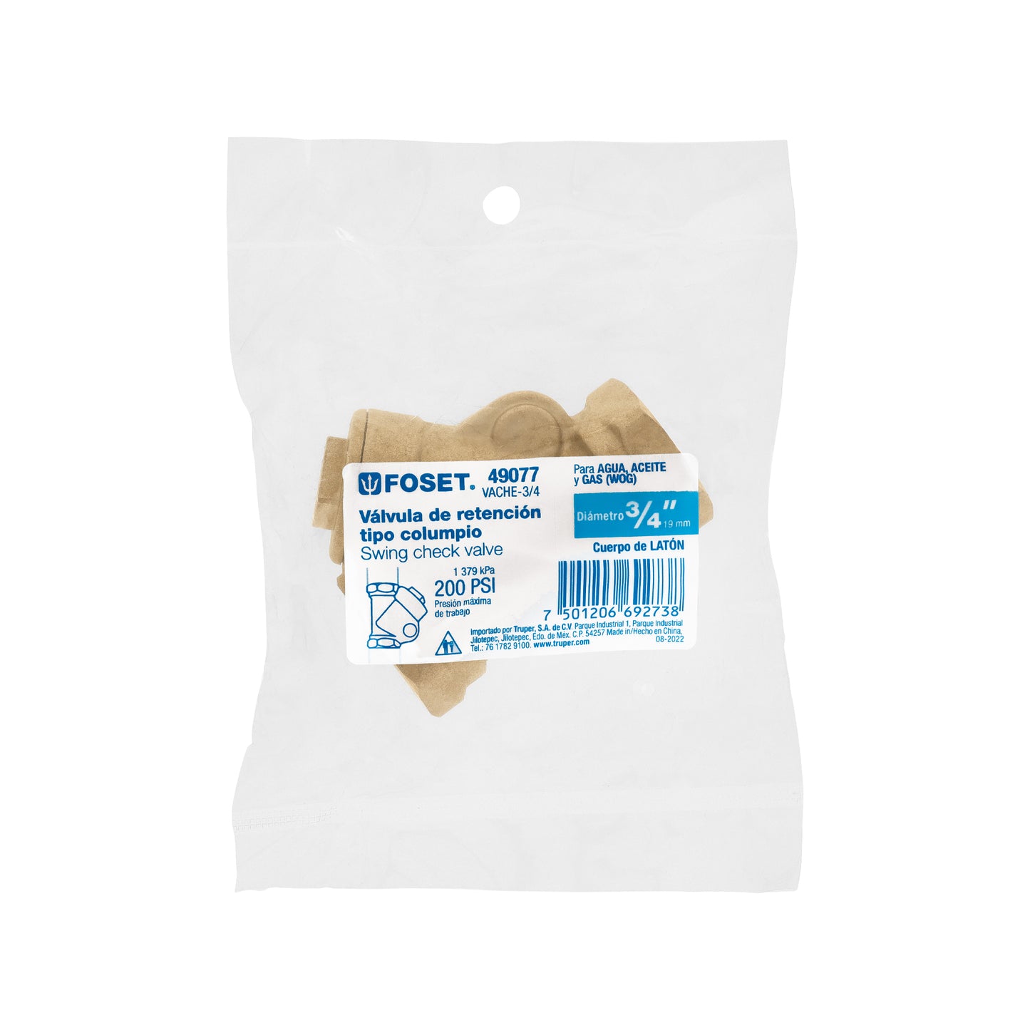 Válvula check de latón de 3/4", FOSET 49077