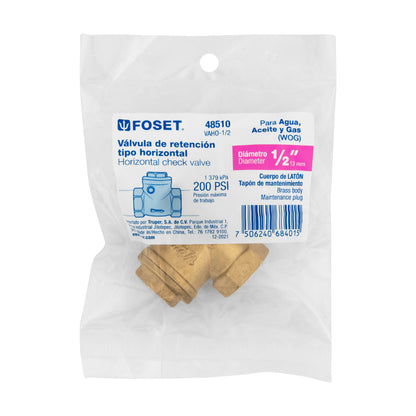 Válvula check horizontal de latón, 1/2", FOSET 48510