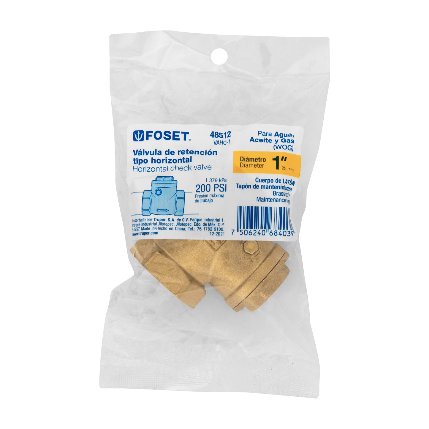 Válvula check horizontal de latón, 1", FOSET 48512