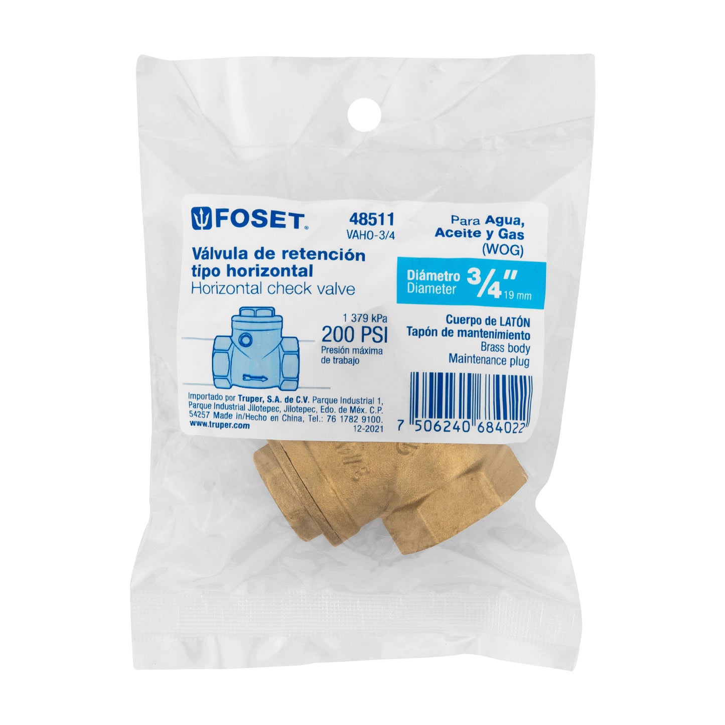 Válvula check horizontal de latón, 3/4", FOSET 48511