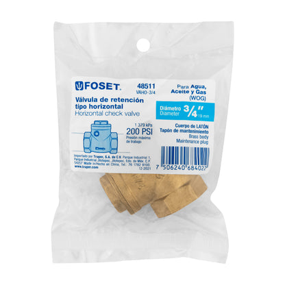 Válvula check horizontal de latón, 3/4", FOSET 48511