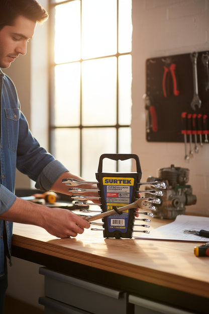 Juego de llaves combinadas pulido espejo en pulgadas, 12 puntas, 8 piezas en rack